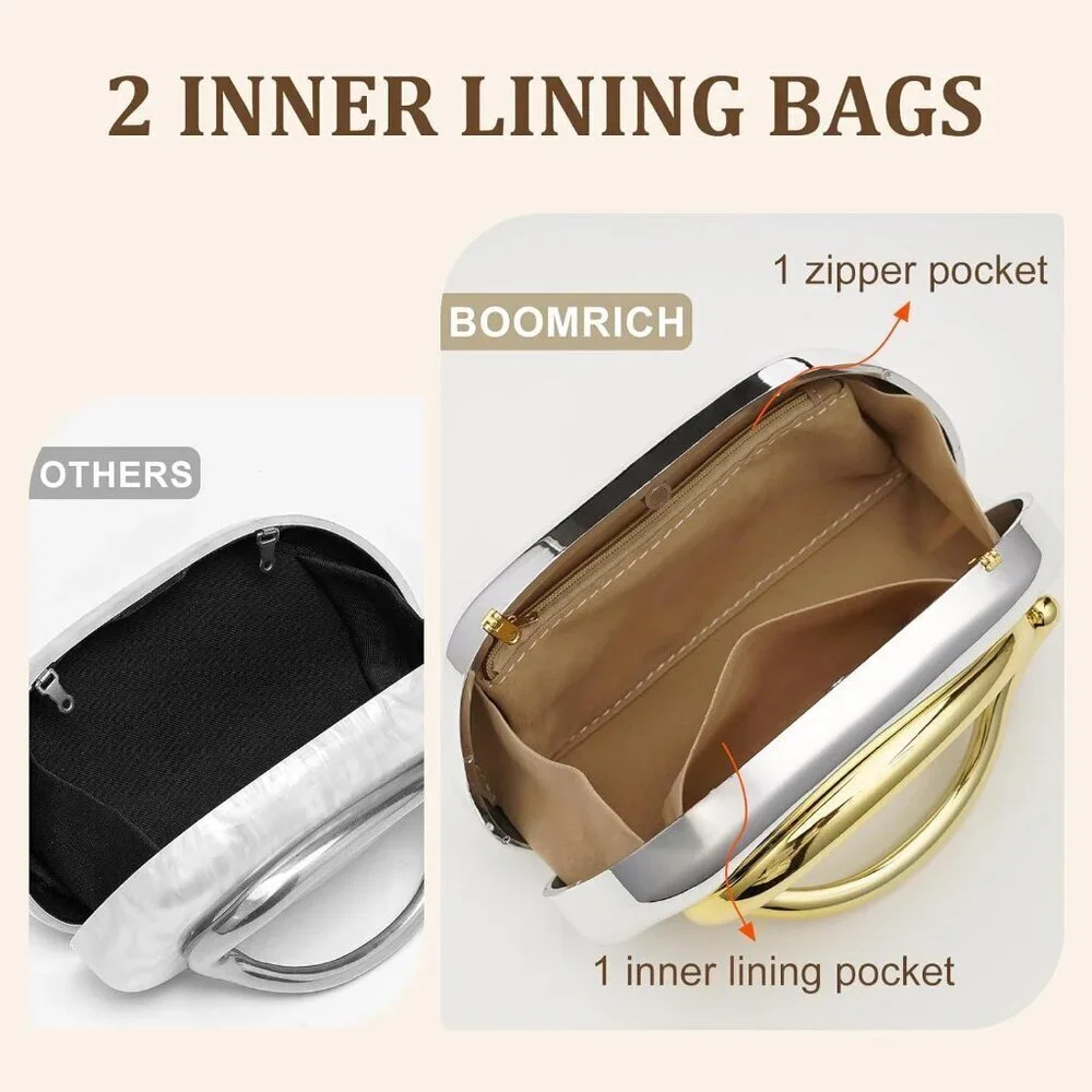 Women's Silver Acrylic Zipper Magnetic Closure Shoulder Wedding Crossbody Clutch